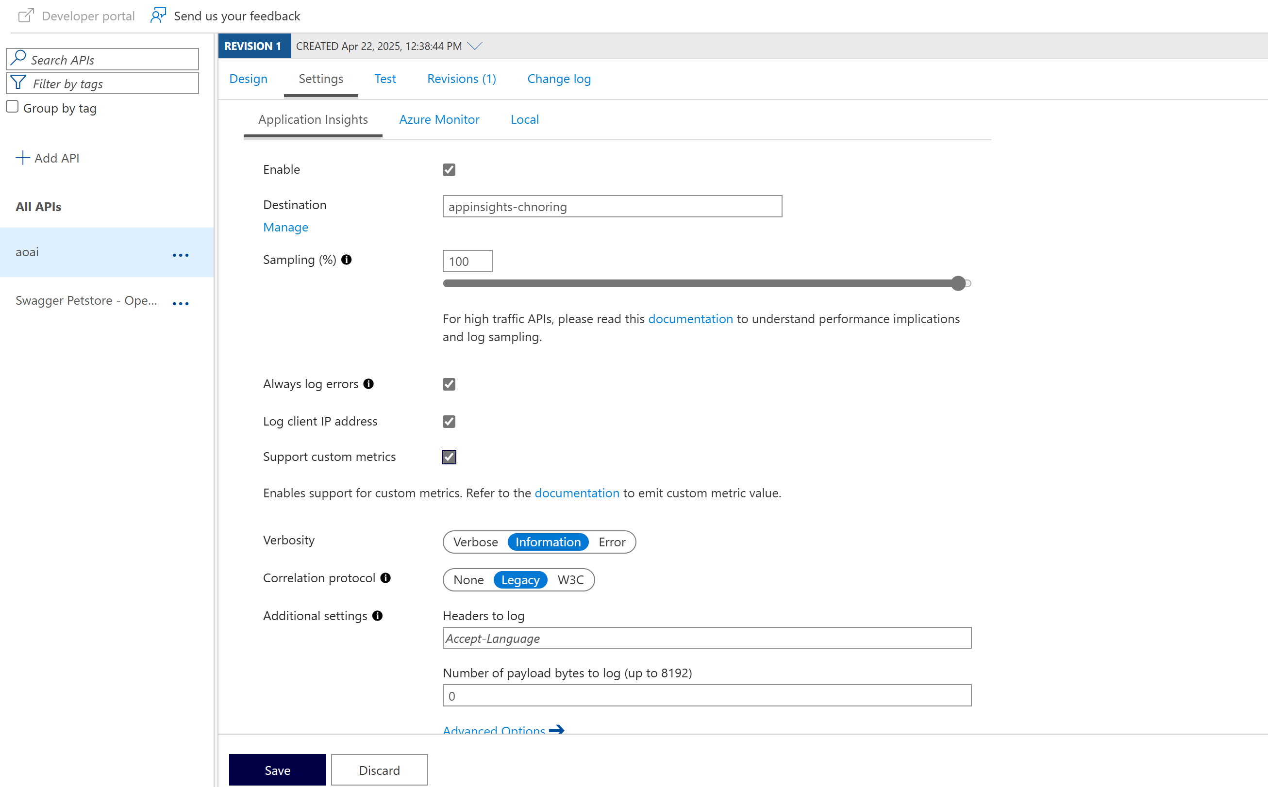 Select settings on the API