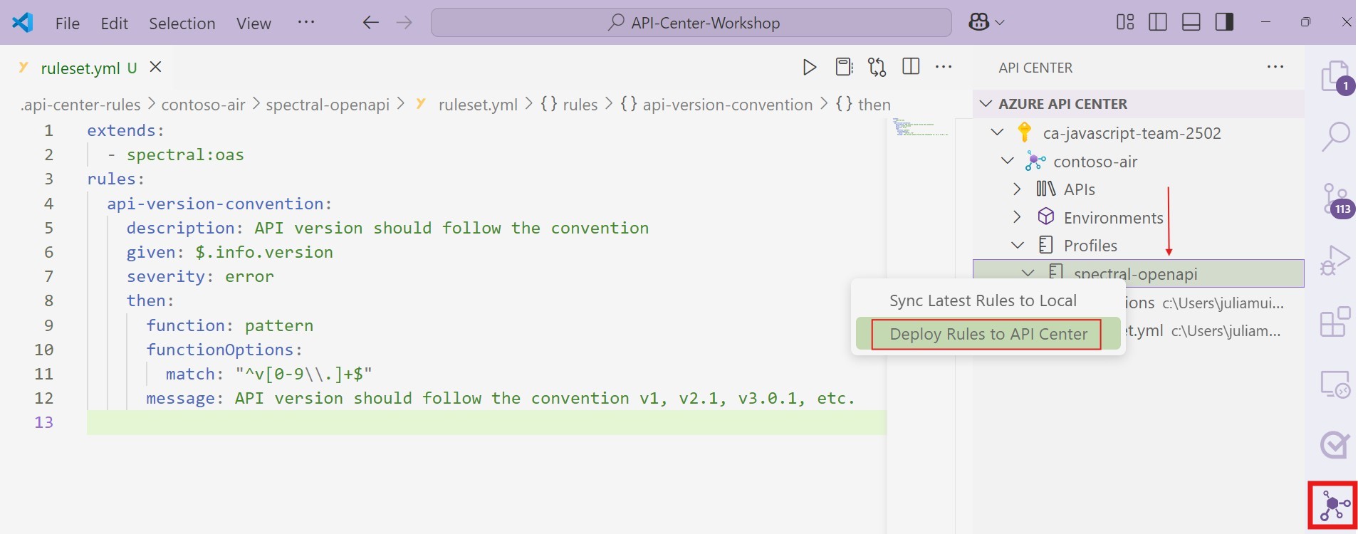 Deploy rulesets to API Center