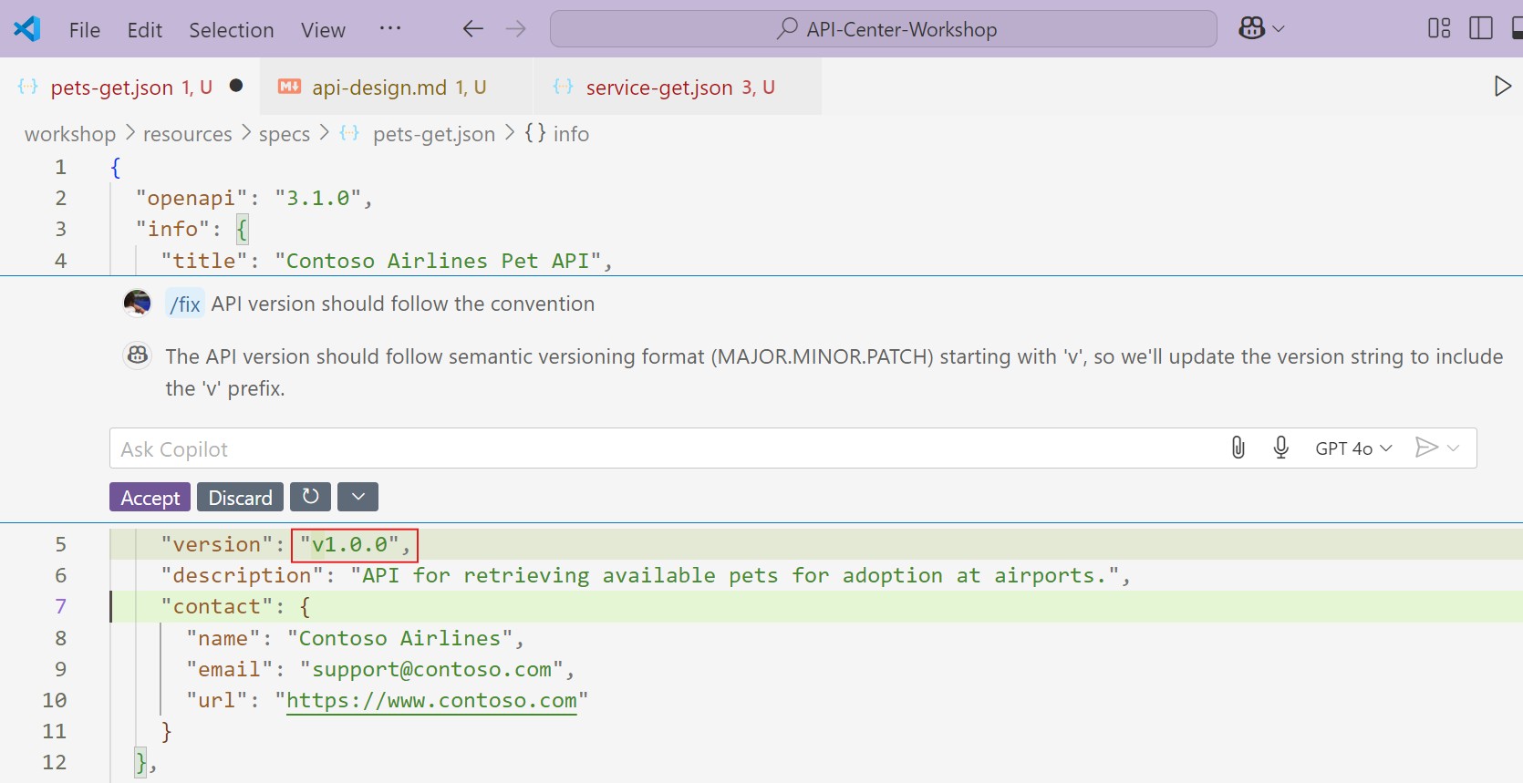 API Design check errors fix with GH Copilot