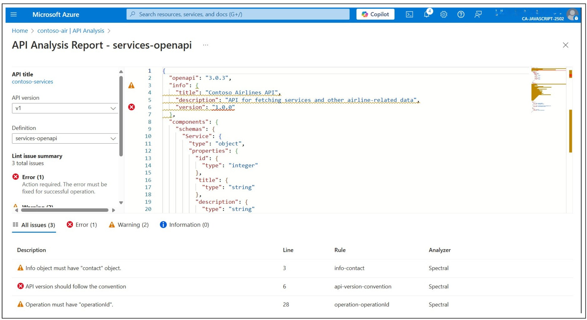 API Design check errors in Azure portal