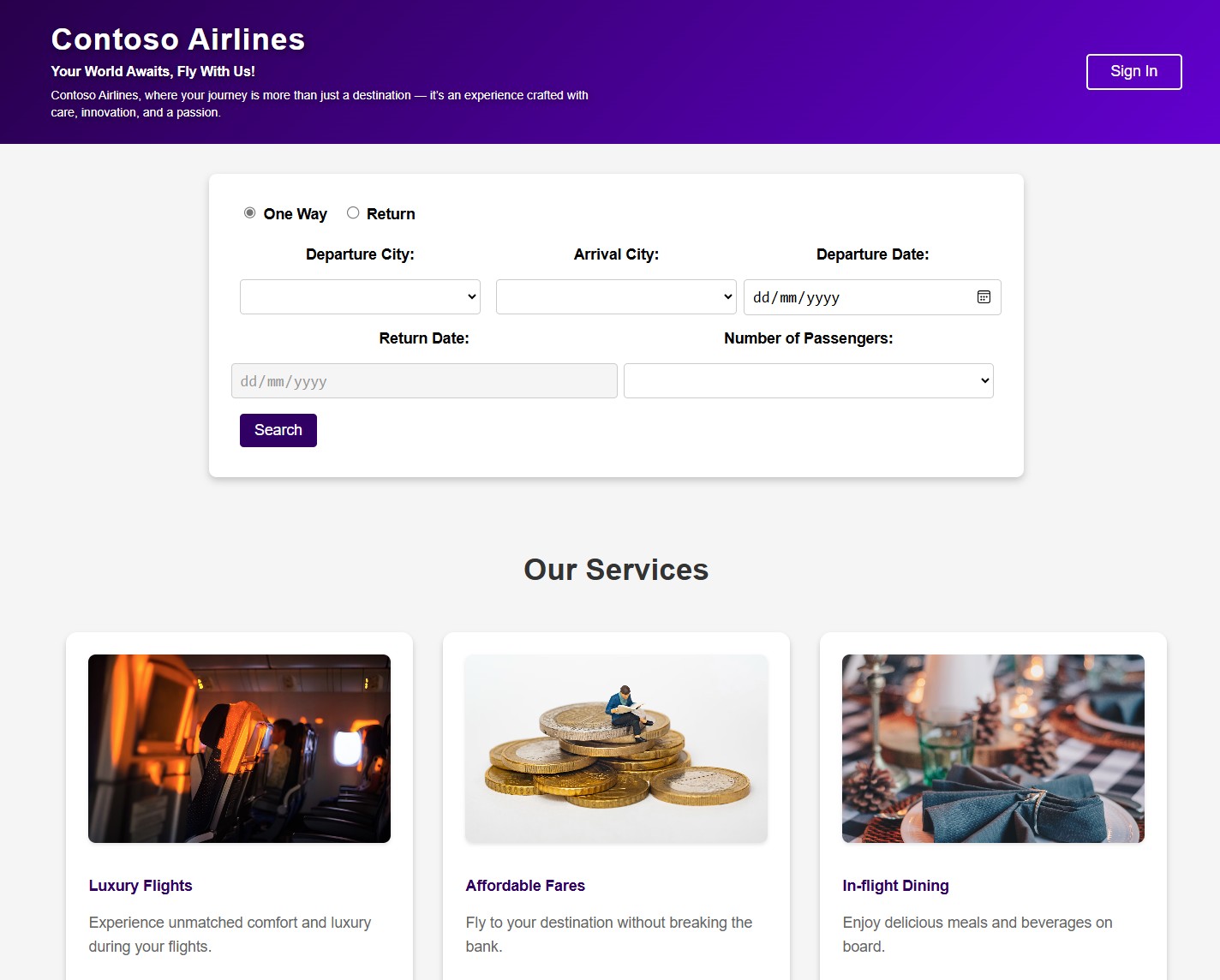 Contoso Airlines Homepage