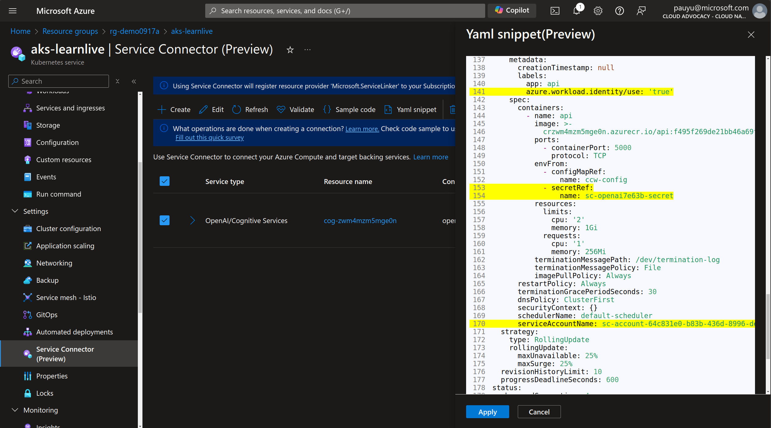 Service Connector yaml snippet