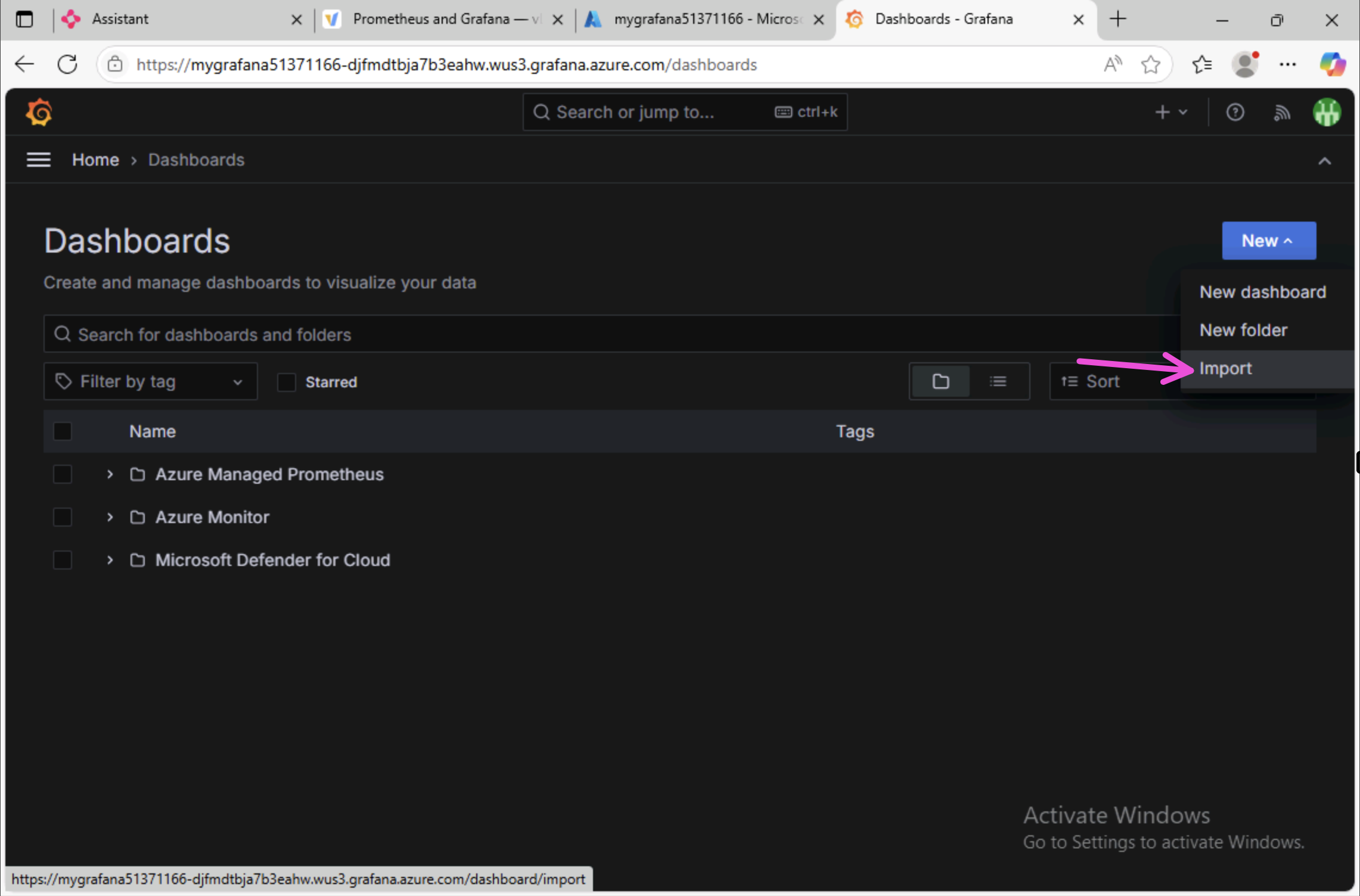 Grafana import dashboard