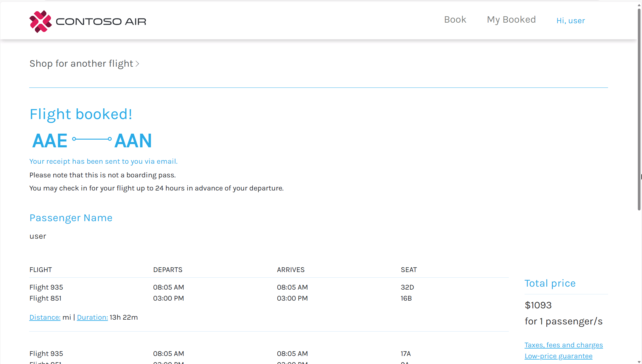 Contoso Air flight booking success