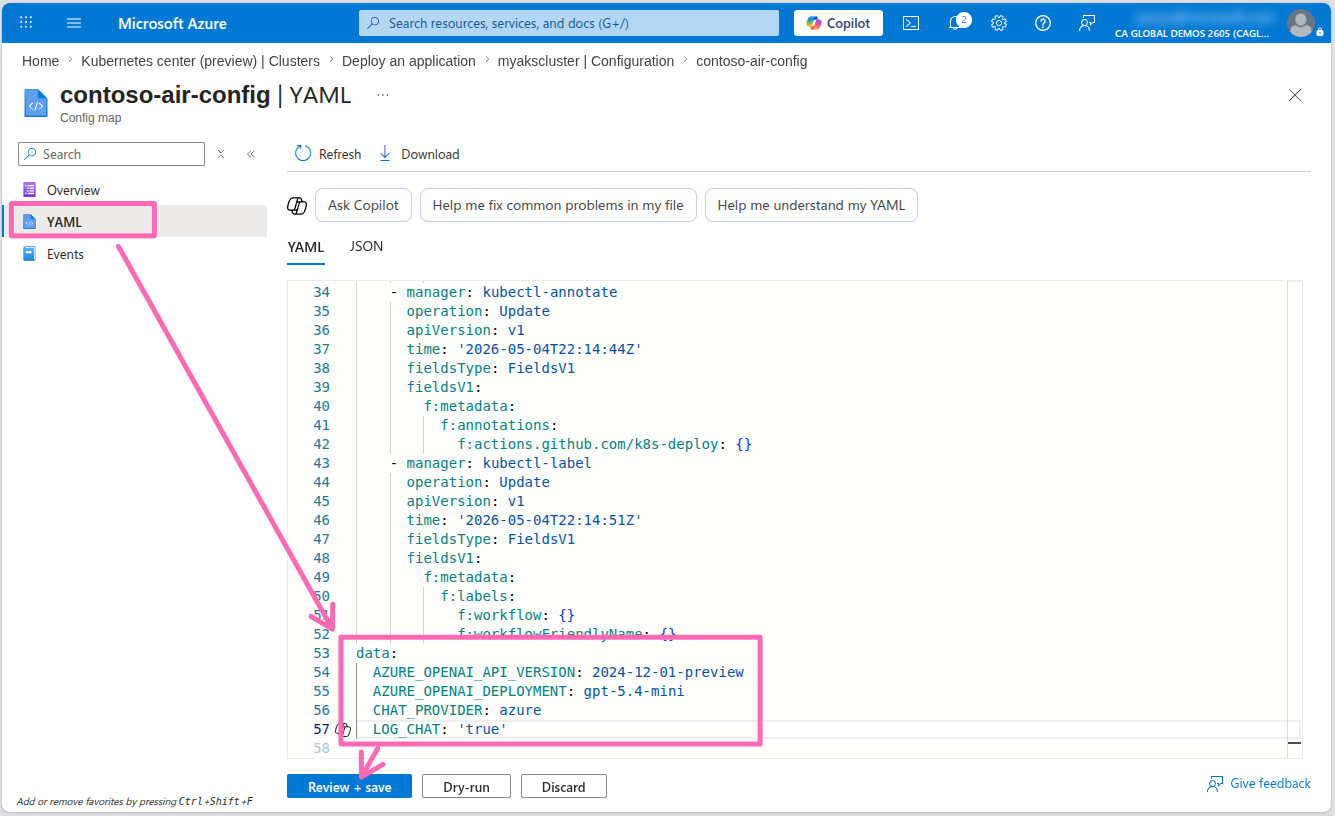 Contoso Air ConfigMap YAML editor