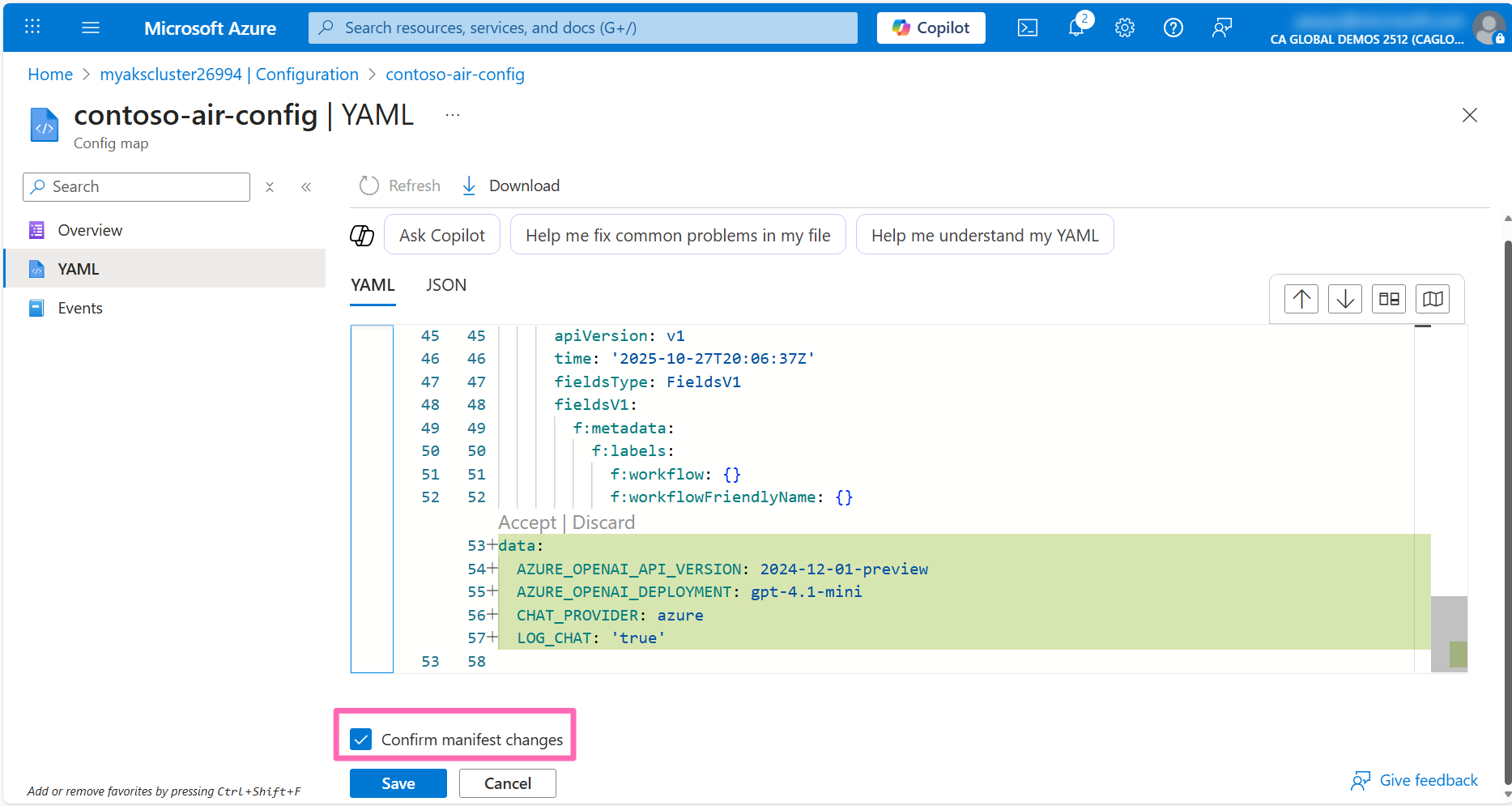 AKS configmap change confirmation