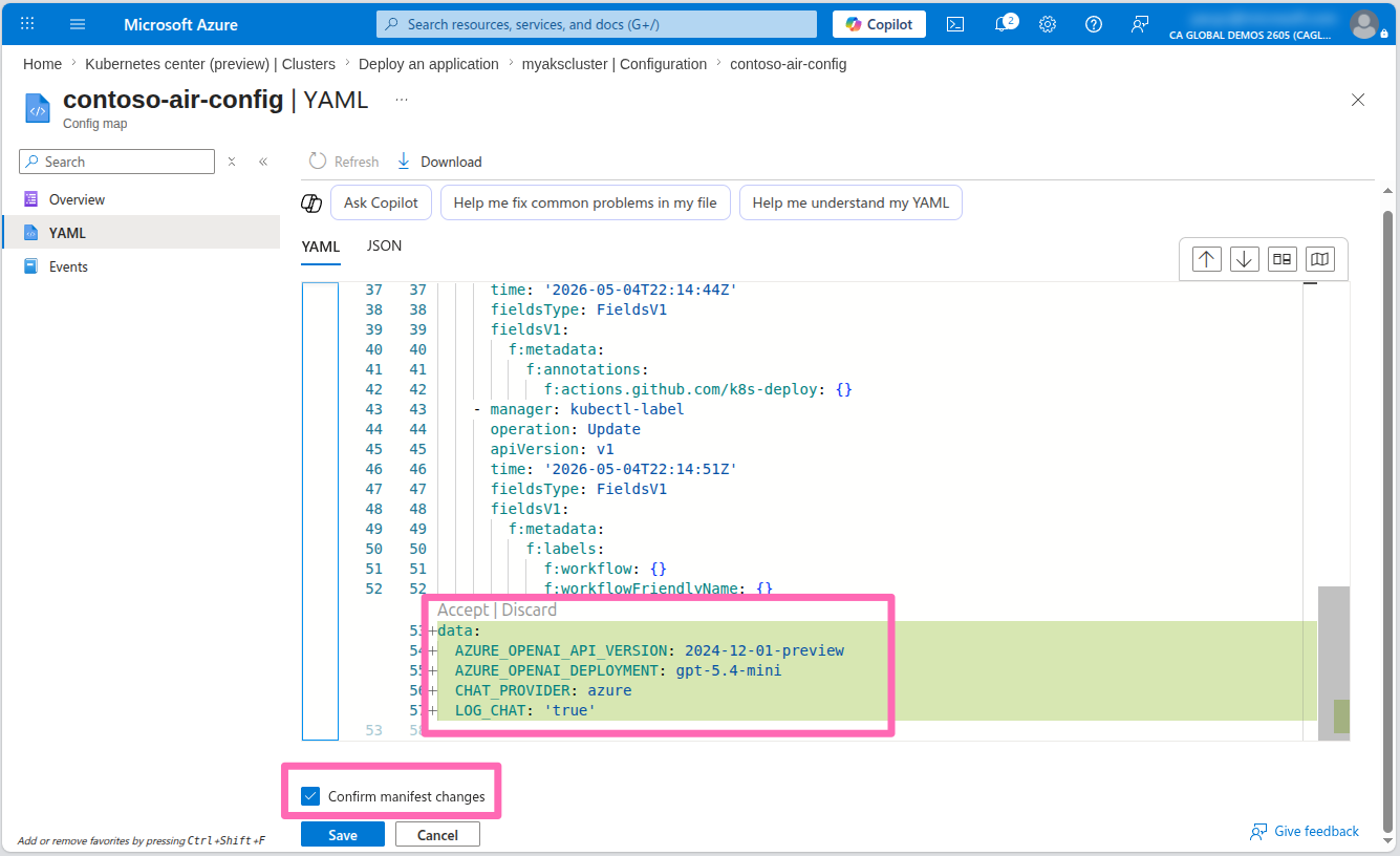 AKS configmap change confirmation