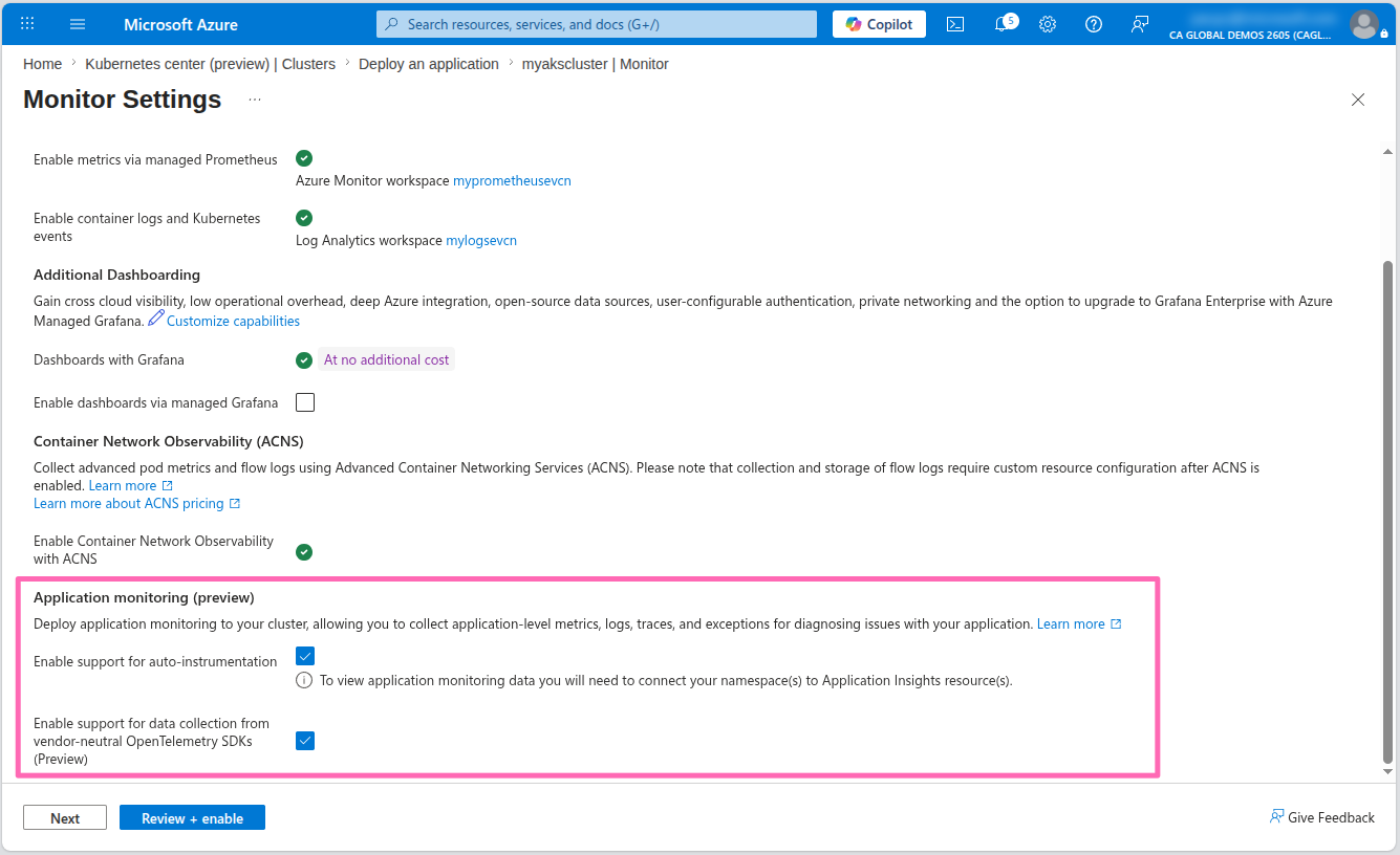 Enable application monitoring
