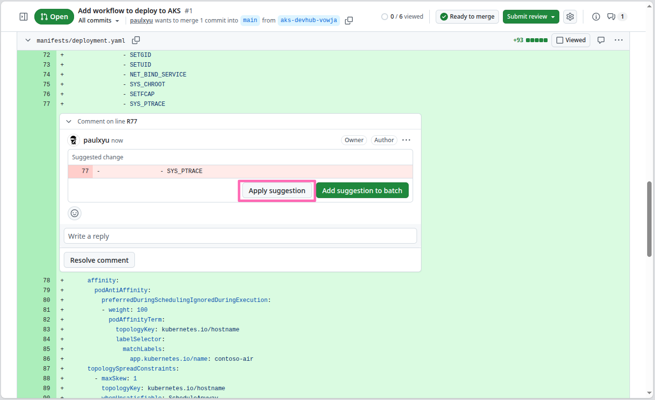 GitHub pull request apply suggestion