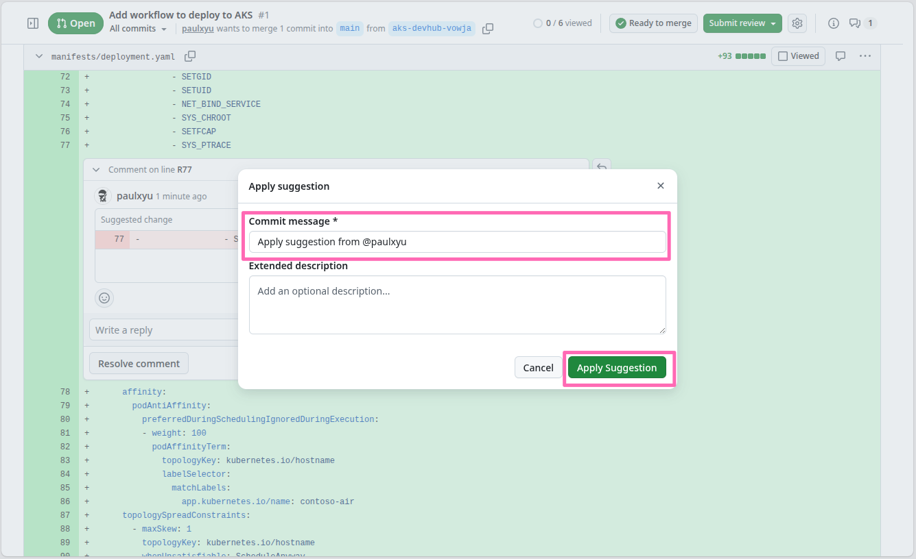 GitHub pull request commit suggestion