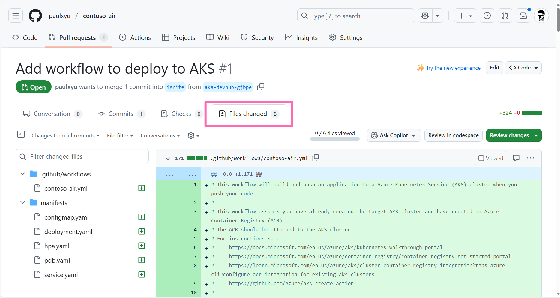 GitHub pull request files changed