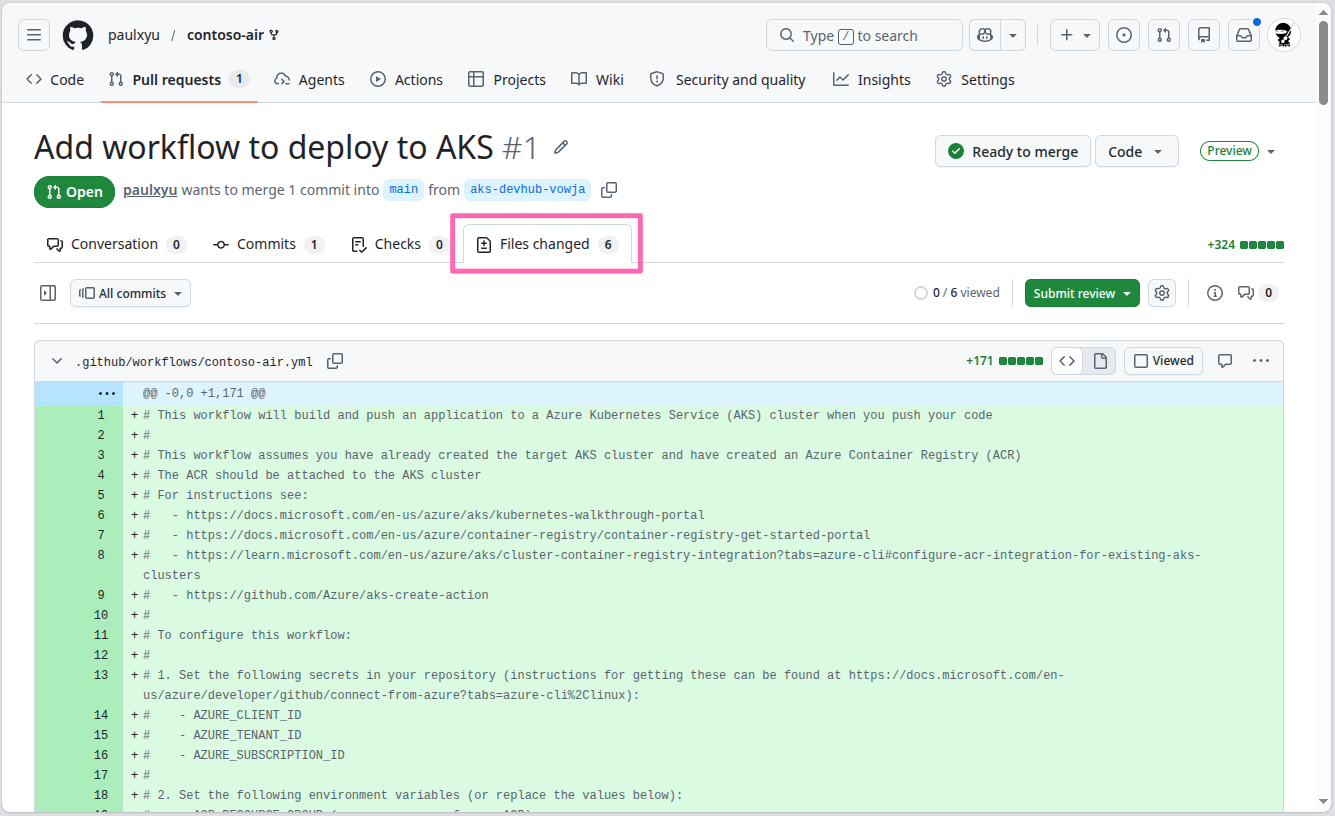 GitHub pull request files changed