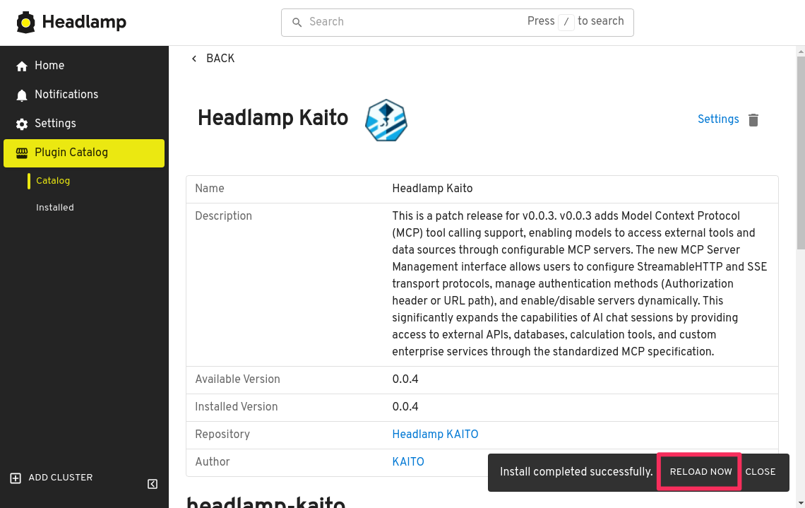 Headlamp plugin for kaito installed - reload
