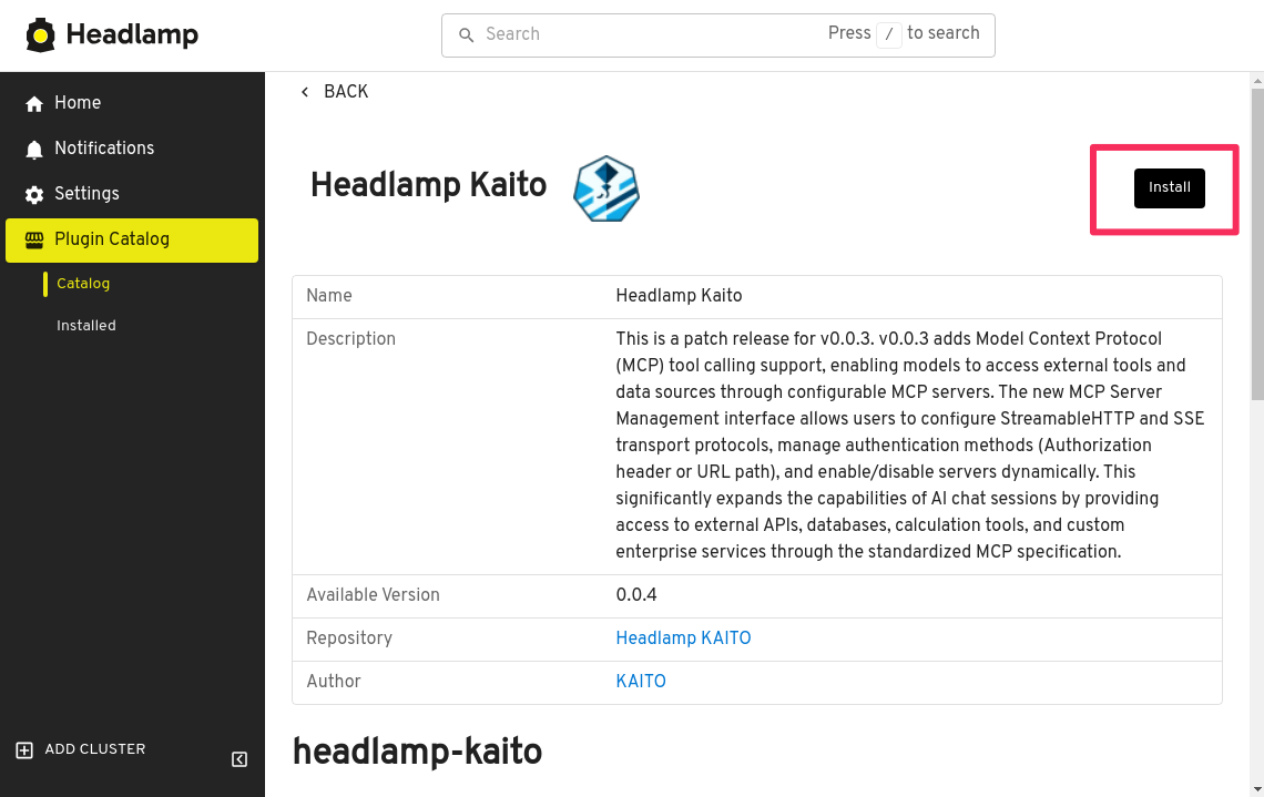 Headlamp plugin kaito install