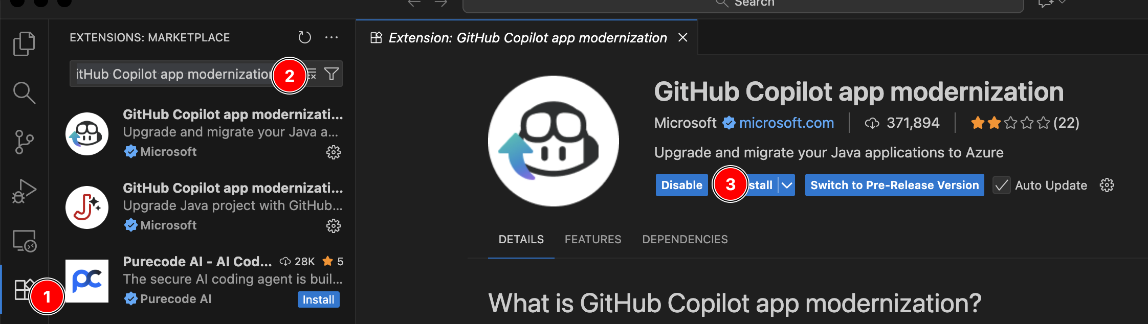 Install GitHub Copilot app modernization