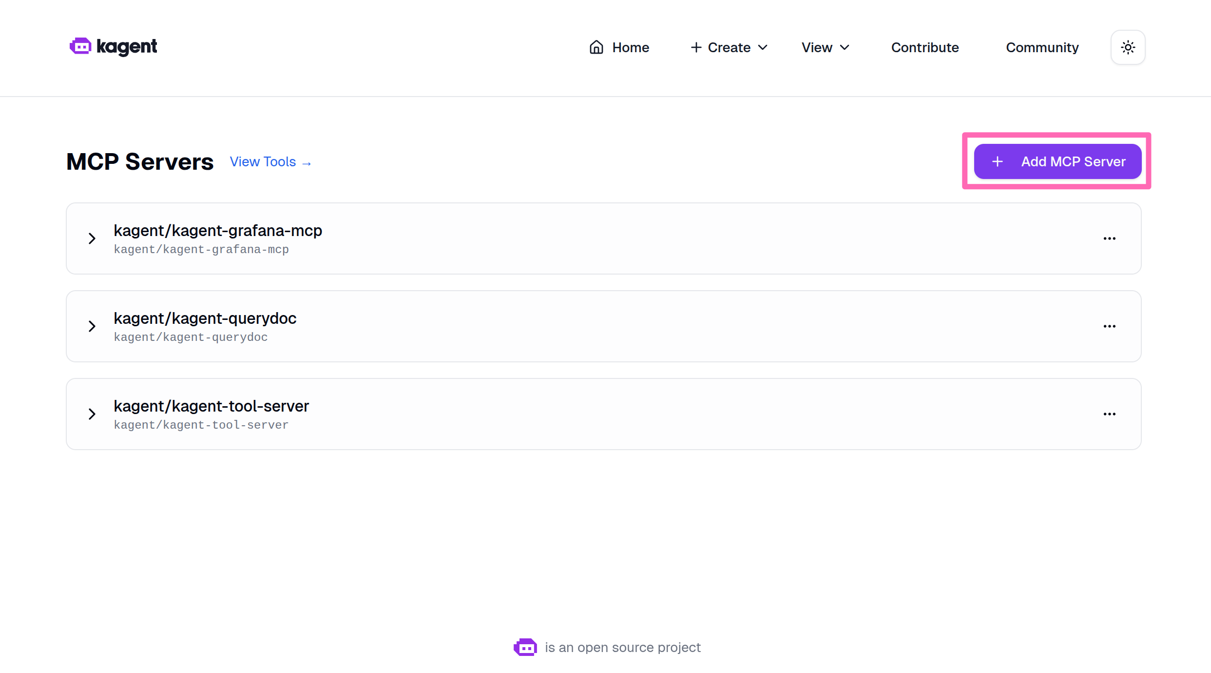 Add MCP Server dialog in kagent