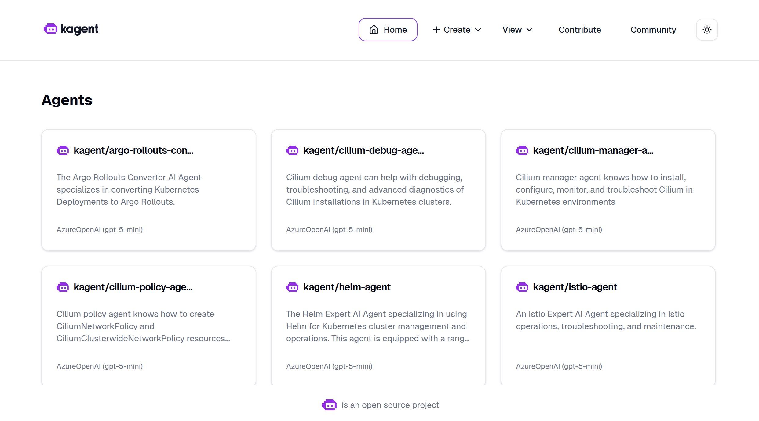 kagent dashboard showing pre-installed agents