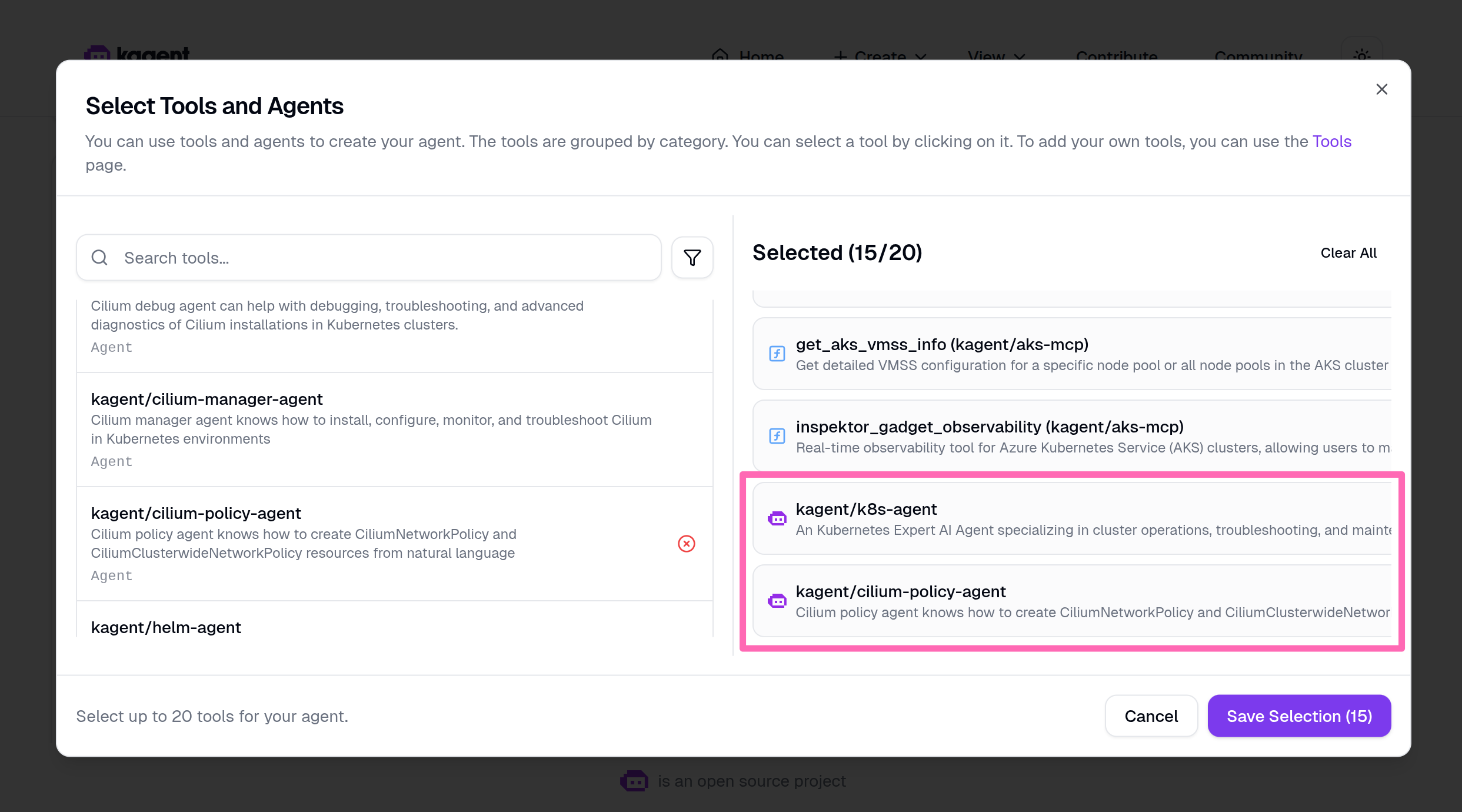 Select supporting agents in kagent