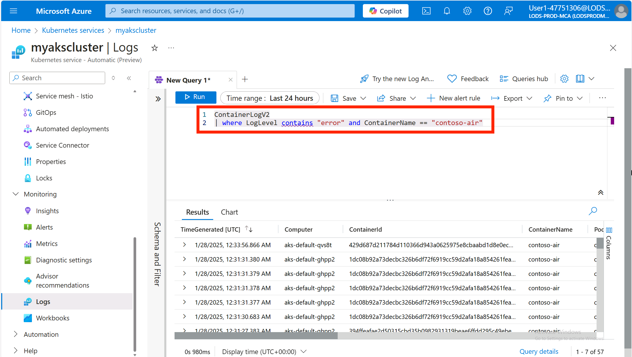 Contoso Air error log query