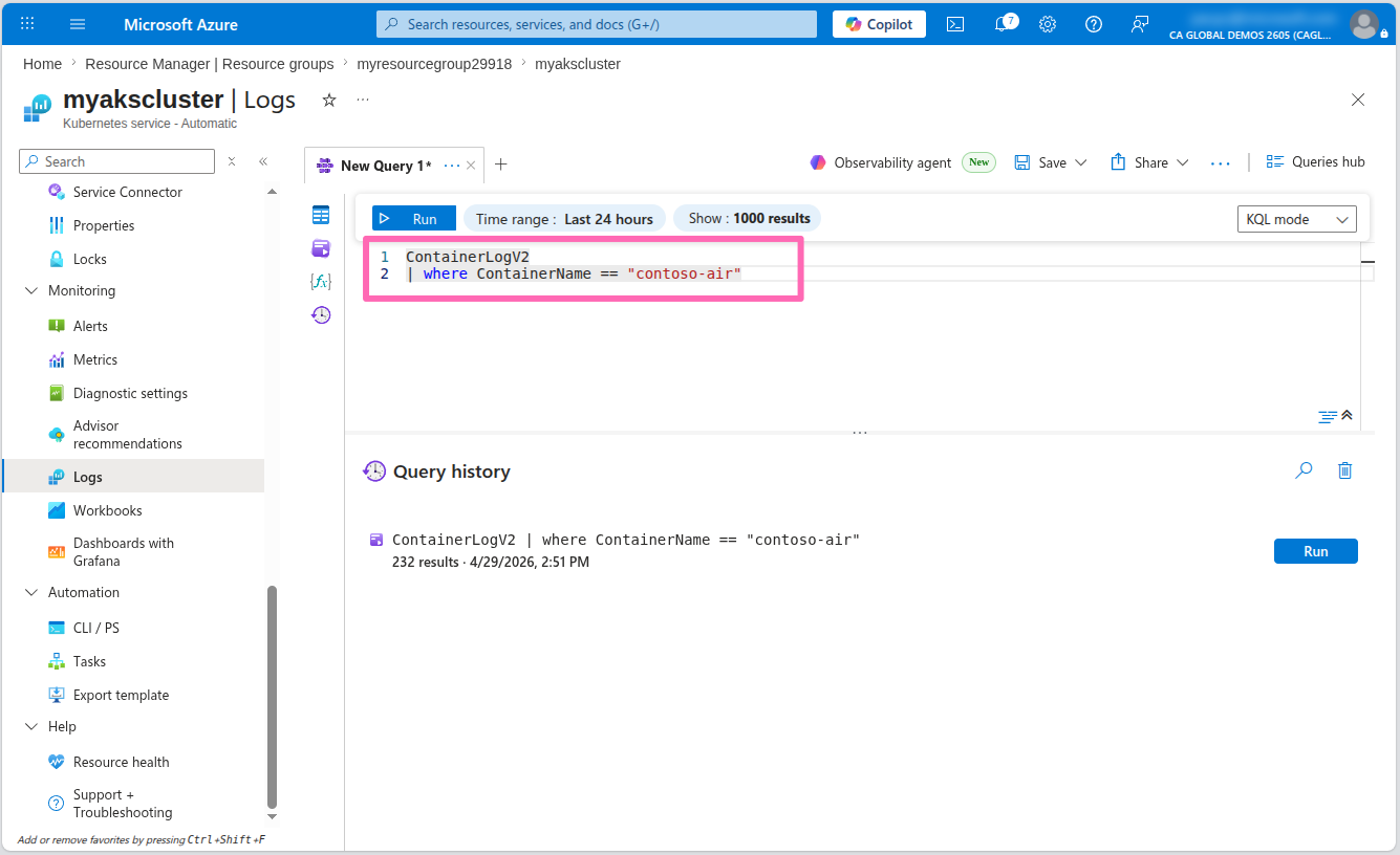 Contoso Air error log query