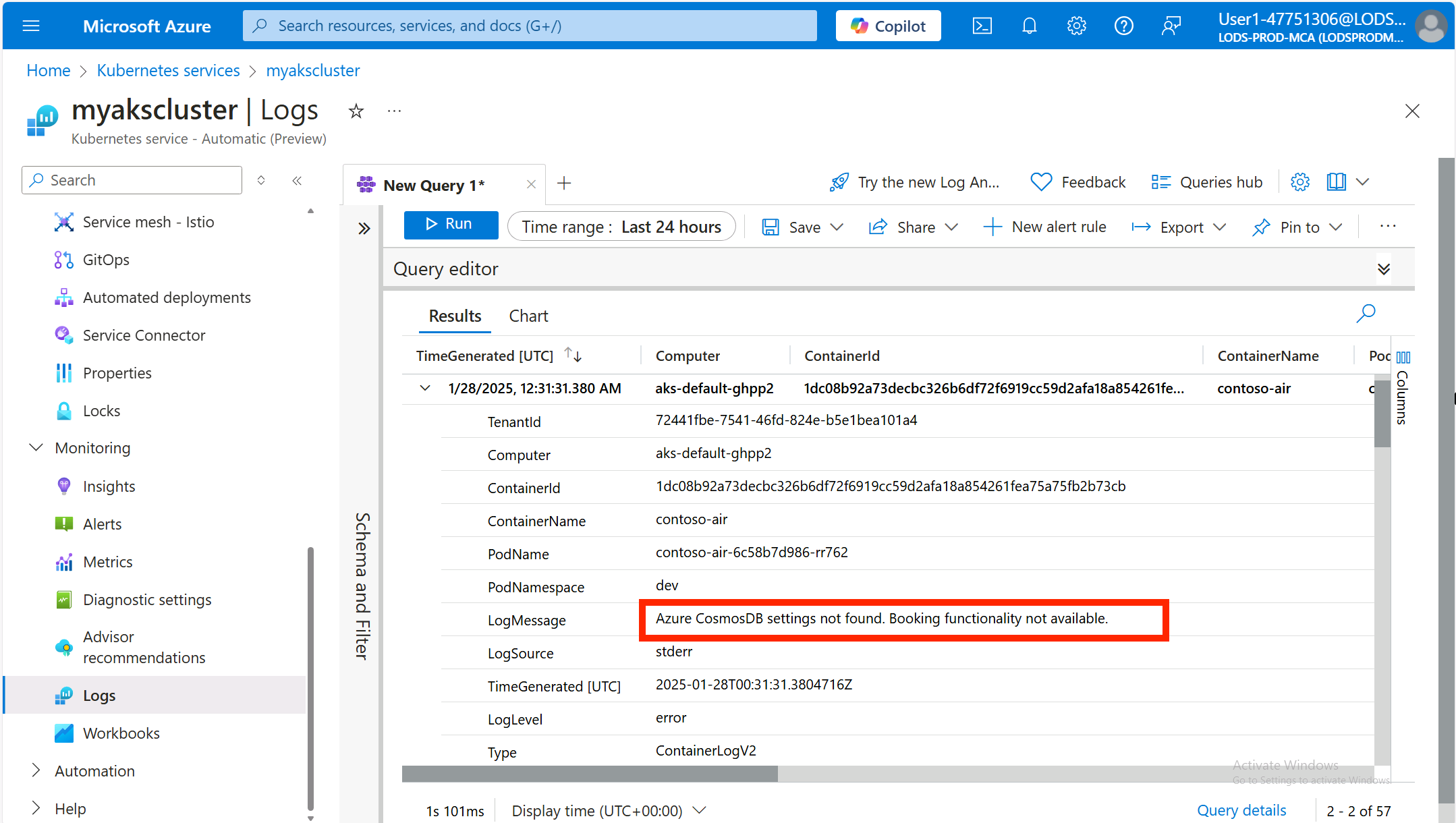 Contoso Air error logs query results