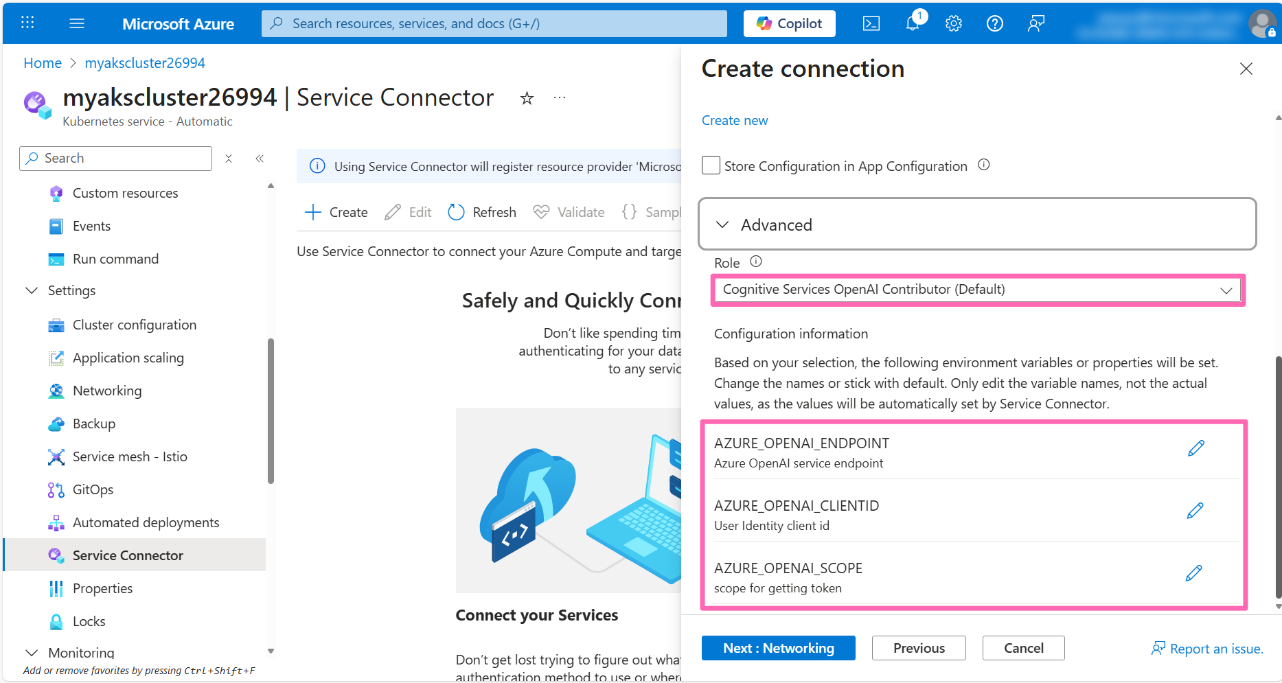 AKS service connector authentication