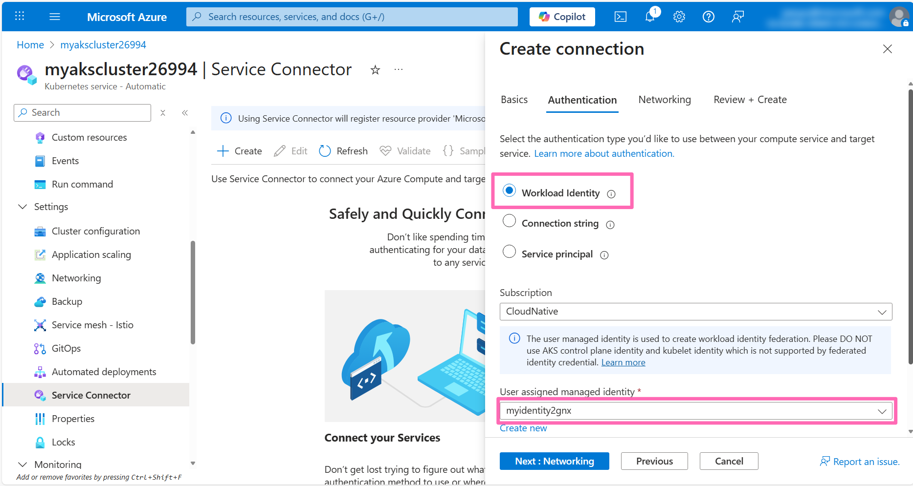 AKS service connector authentication