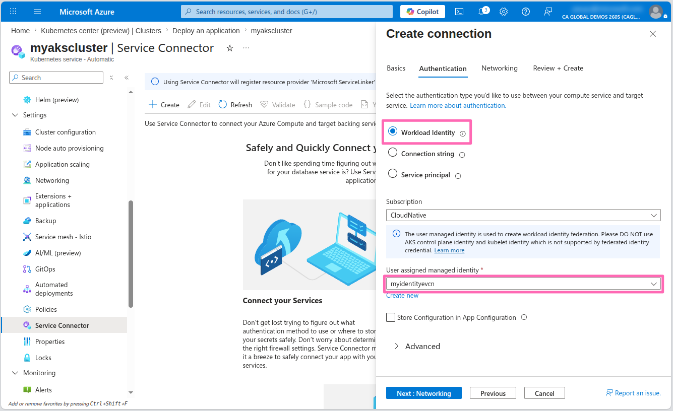 Service Connector Workload Identity option