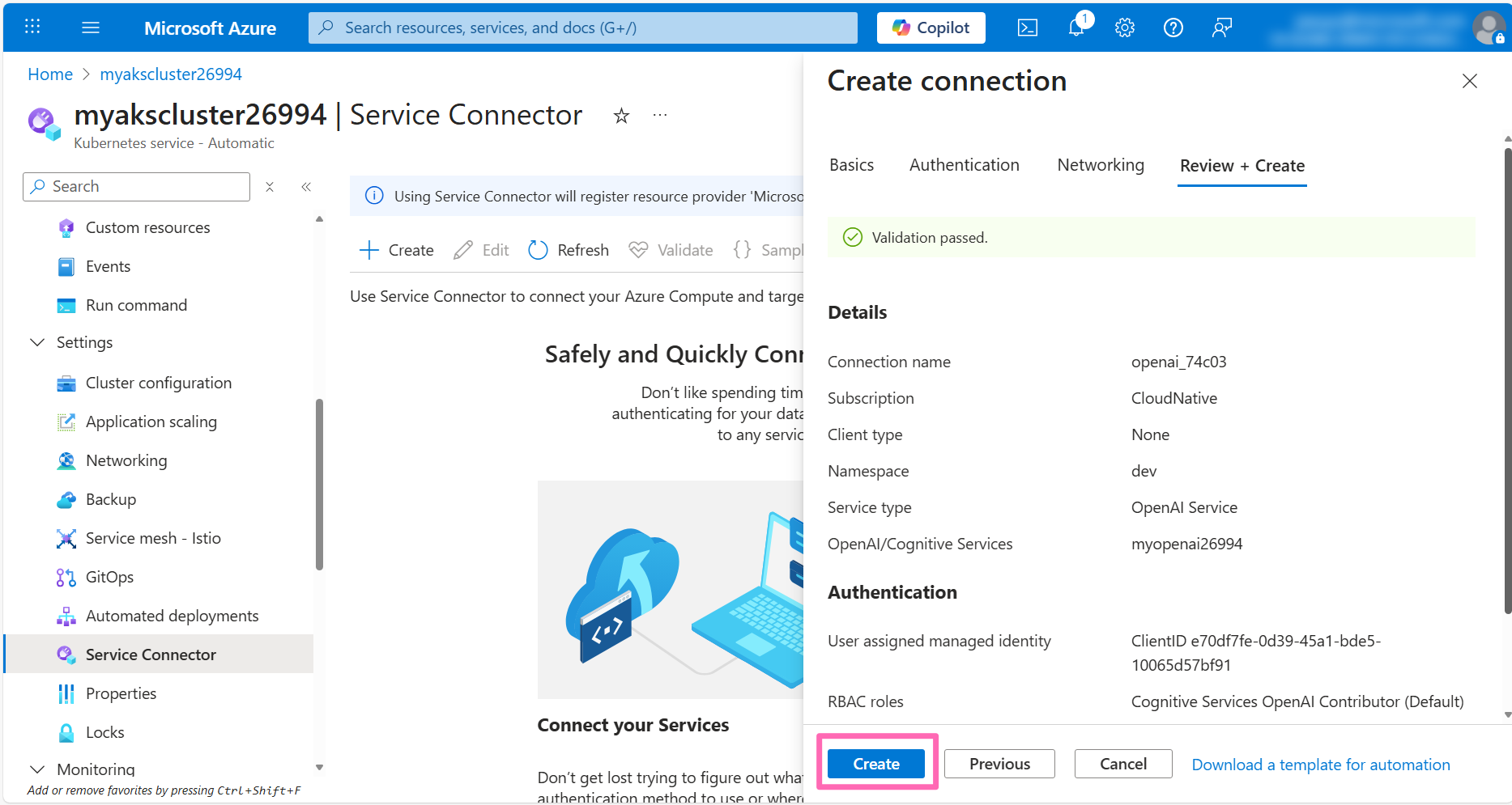 AKS service connector review