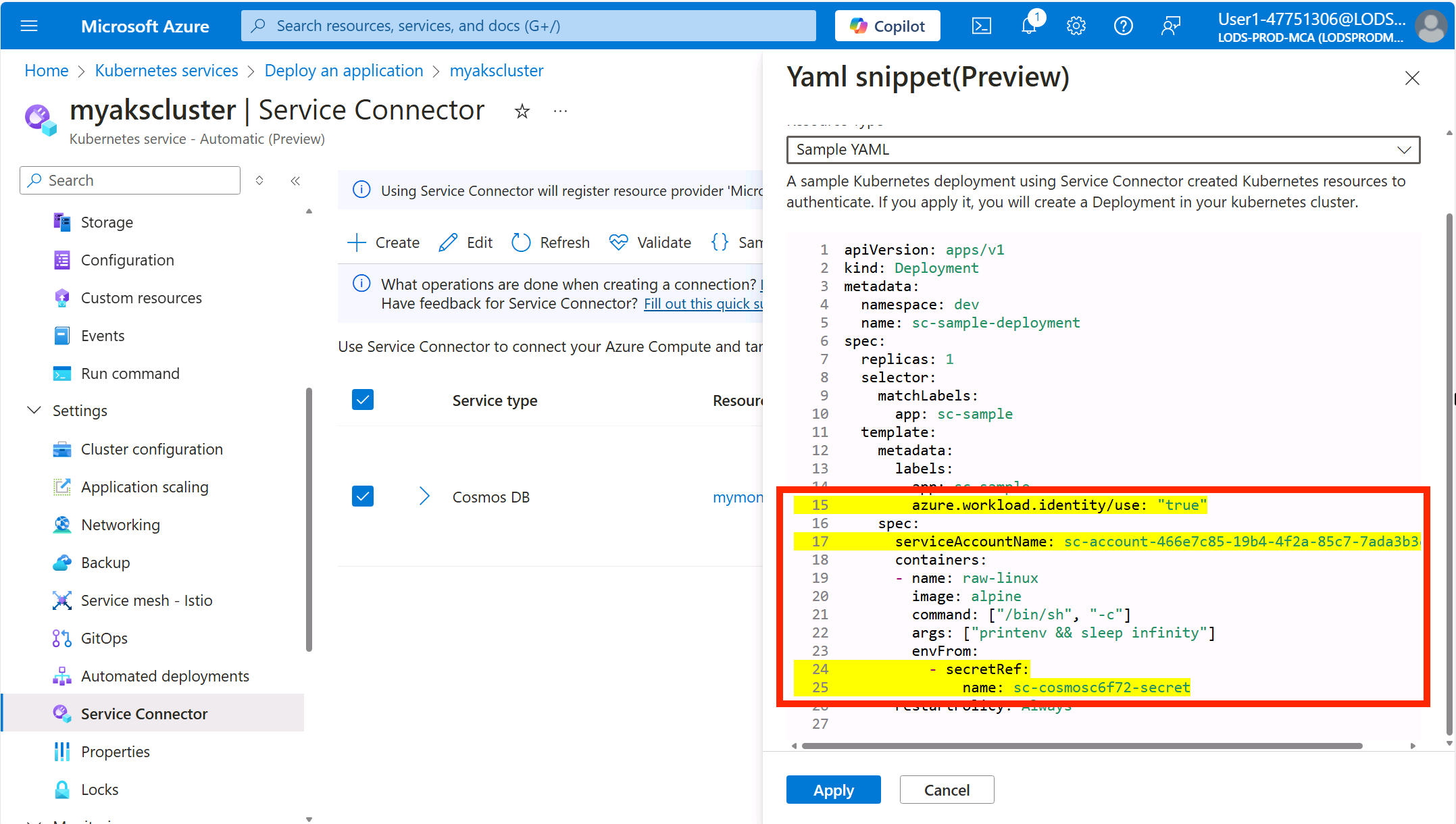 AKS service connector yaml snippet apply