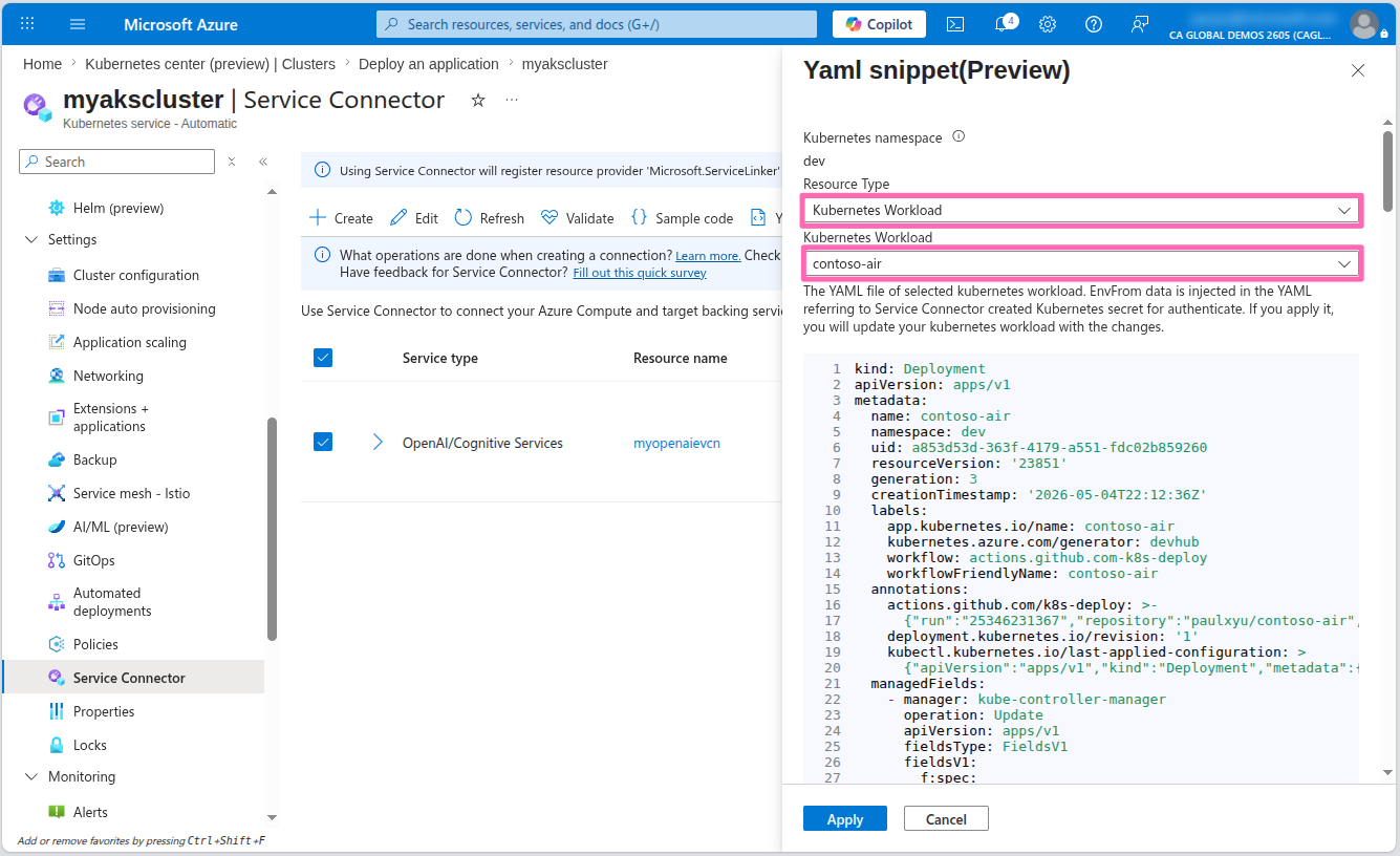 AKS service connector yaml snippet for contoso-air