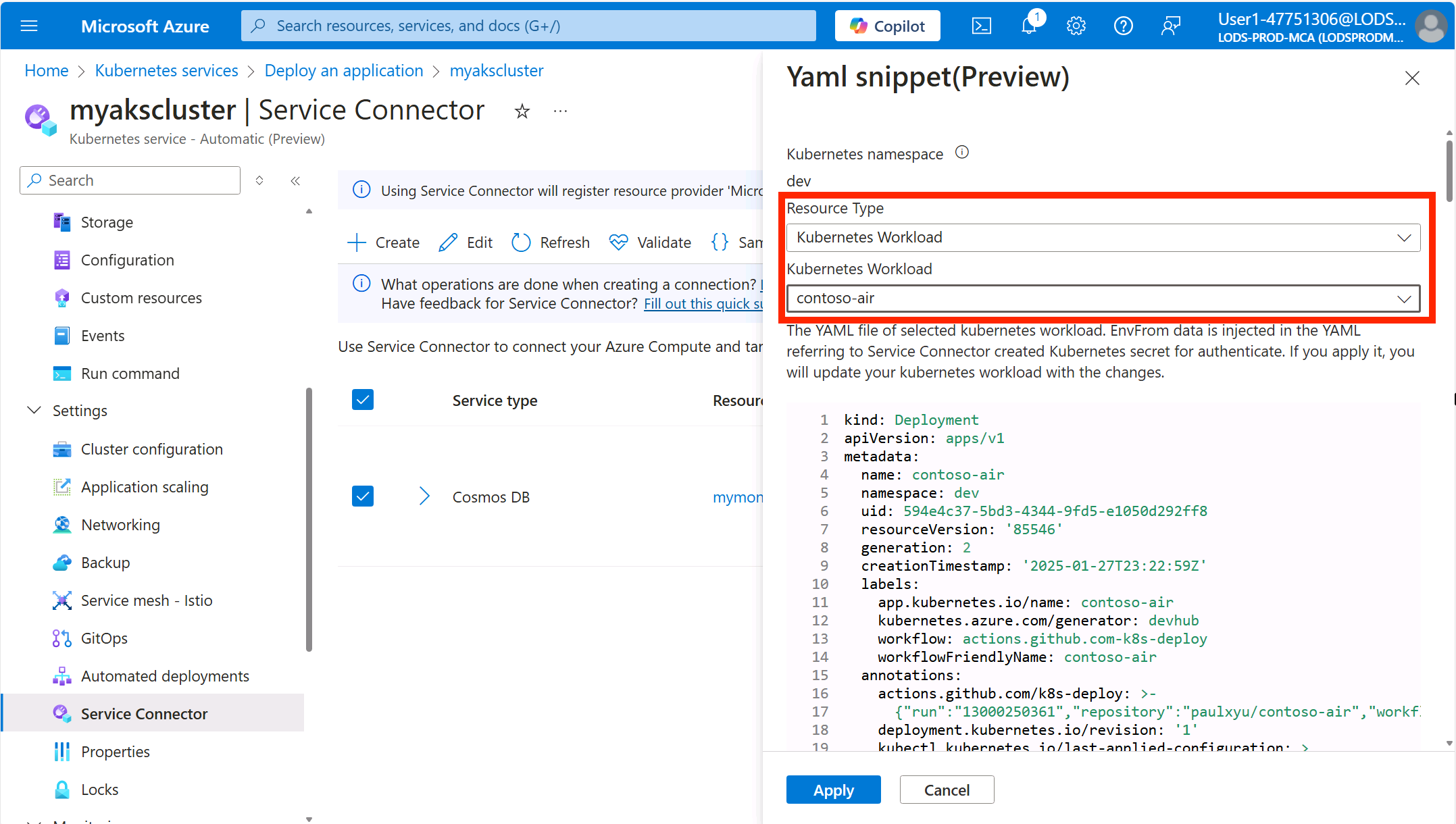 AKS service connector yaml snippet for contoso-air