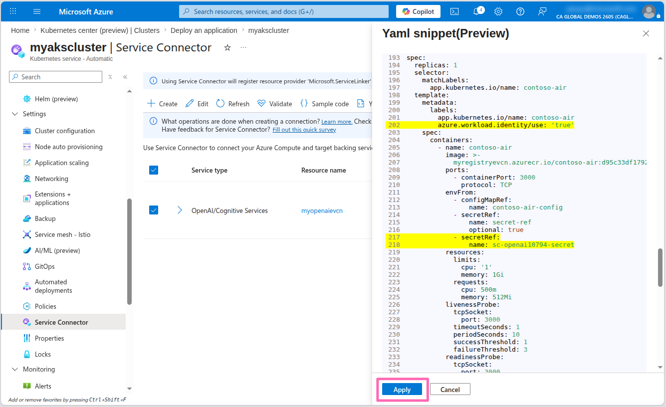 AKS service connector yaml snippet highlights