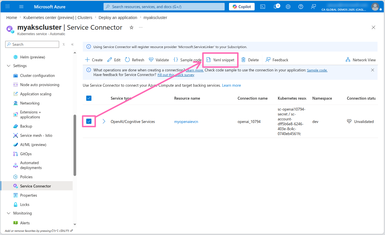 AKS service connector yaml snippet