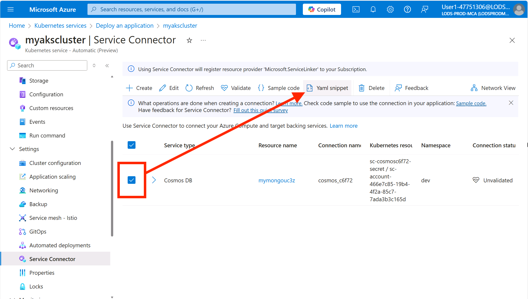 AKS service connector yaml snippet