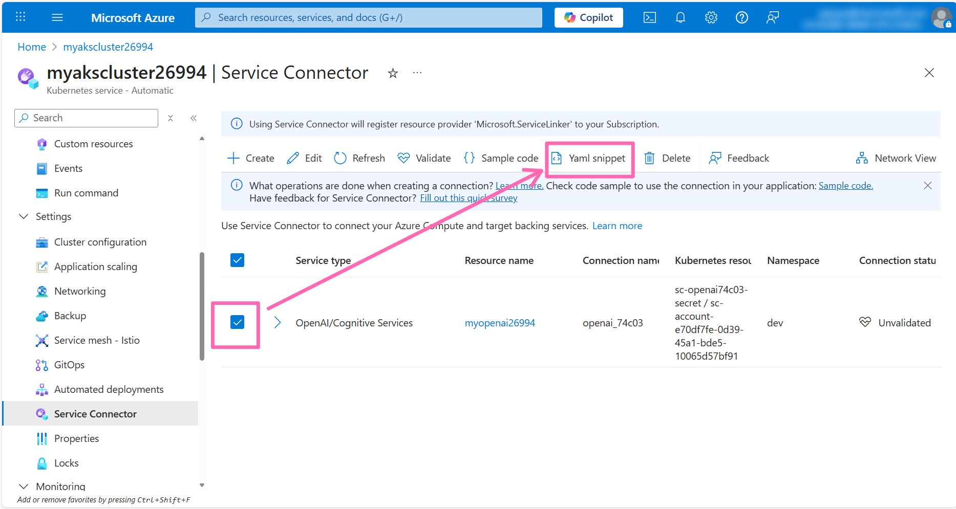 AKS service connector yaml snippet