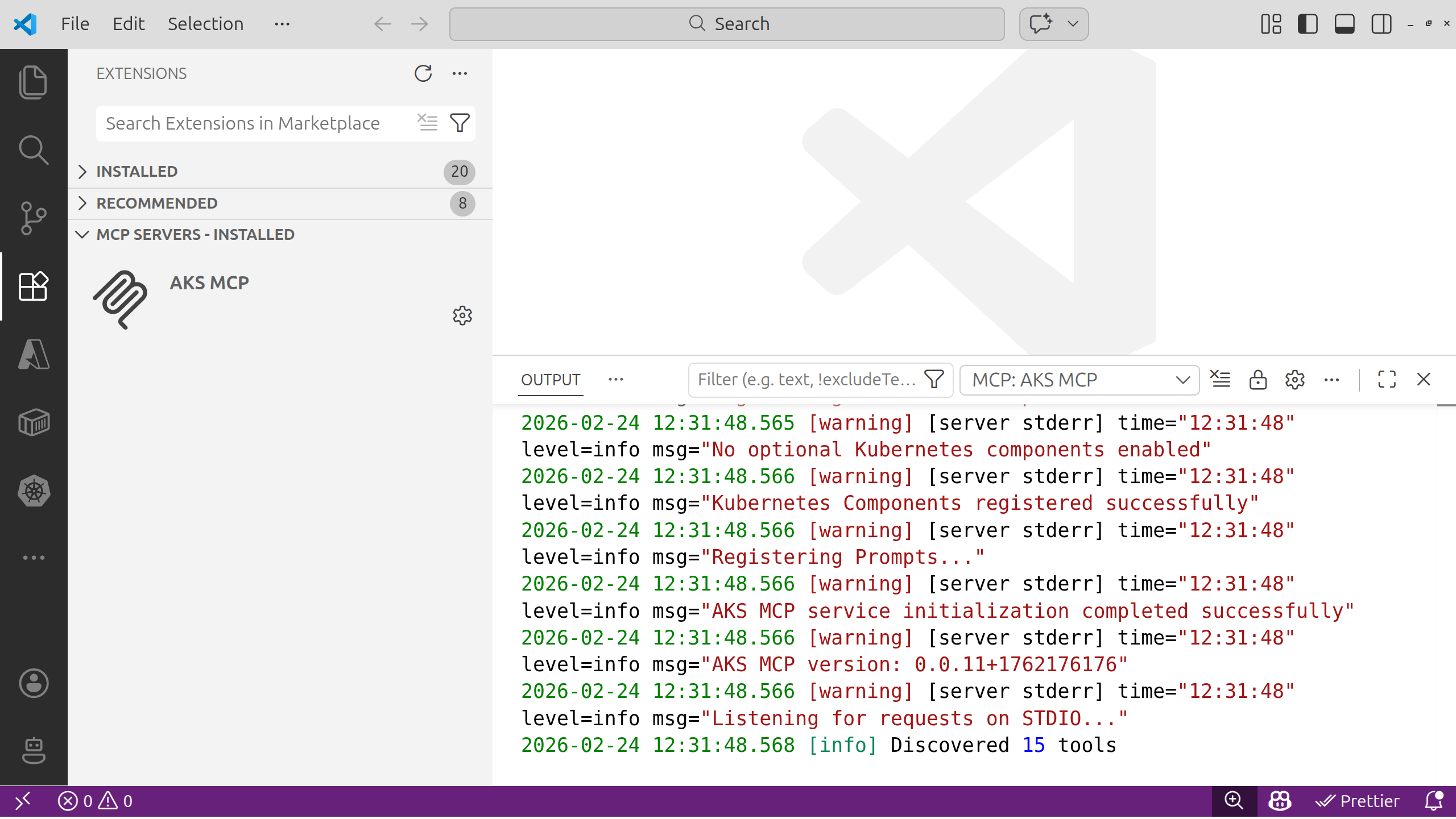 AKS MCP server output showing tools discovered