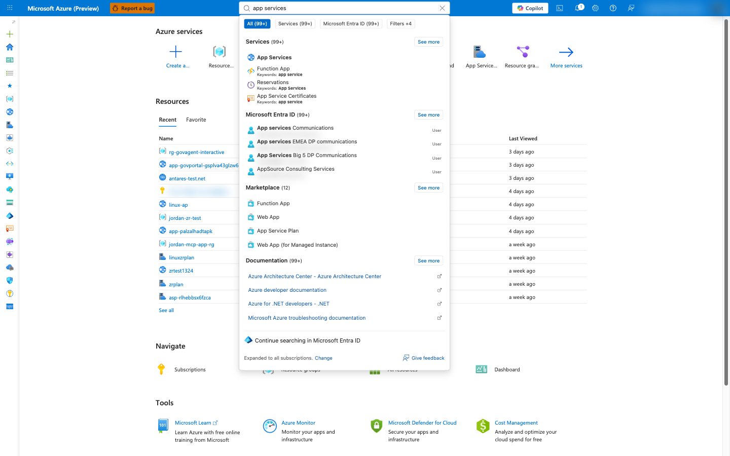 Search for App Services in the Azure portal