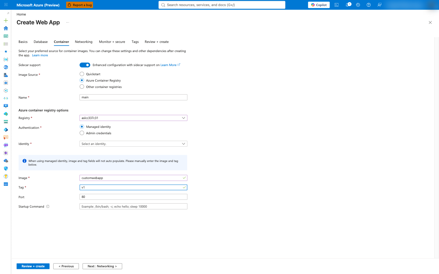 Container tab with managed identity