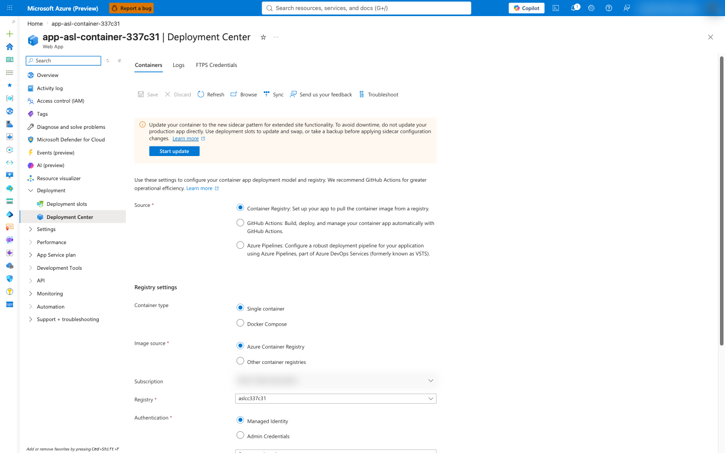 Deployment Center container settings