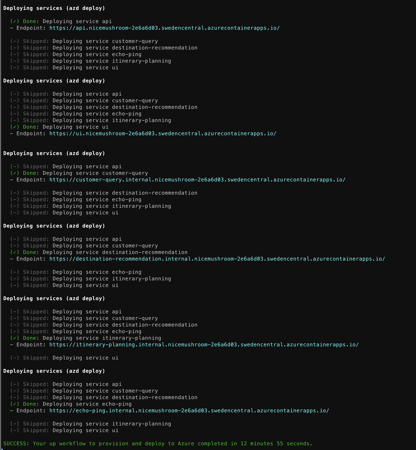 Screenshot of the azd up command result