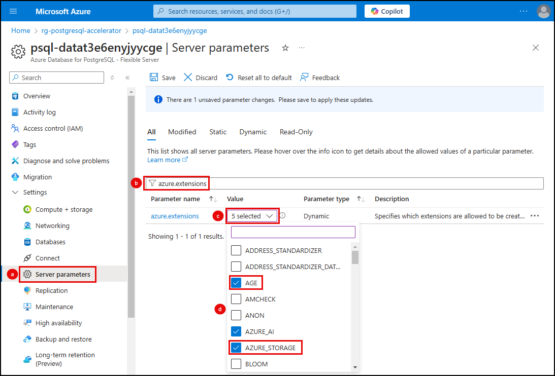 Screenshot of the steps to allowlist the AGE and AZURE_STORAGE extensions in the Azure portal.