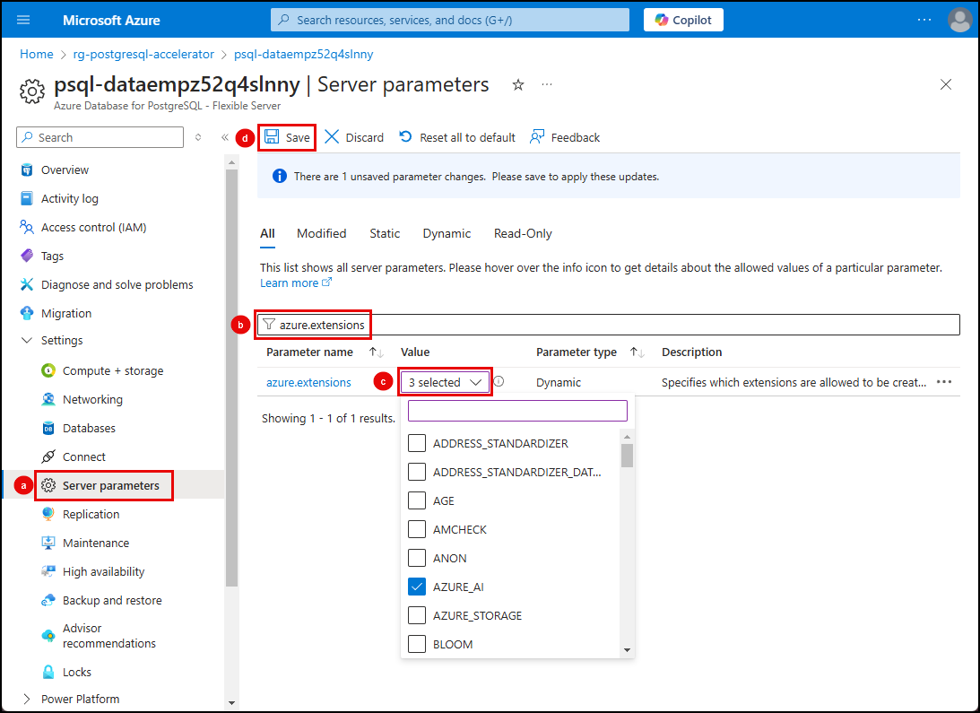 Screenshot of the steps to allow the AZURE_AI, PG_DISKANN, and VECTOR extension in the Azure portal.