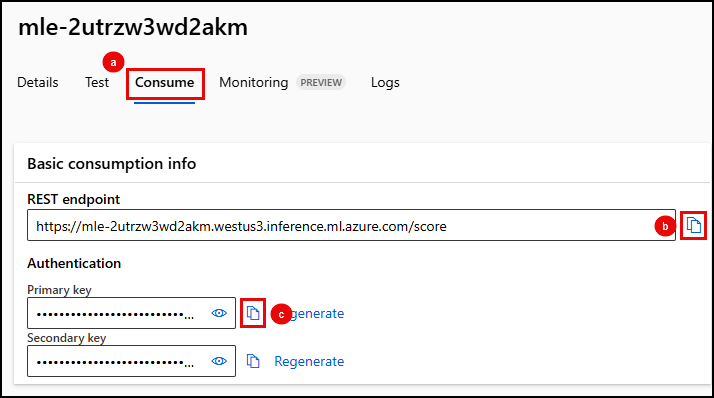 Screenshot of the Azure Machine Learning Studio Endpoints Consume tab, with the REST Endpoint and Primary key copy buttons highlighted by red boxes.