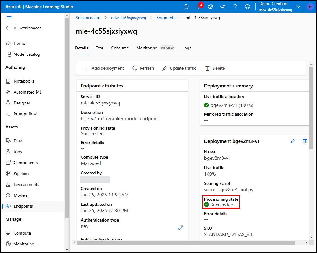 Screenshot of the semantic ranker model deployment in Azure ML Studio, with the model's provisioning state of Succeded highlighted.