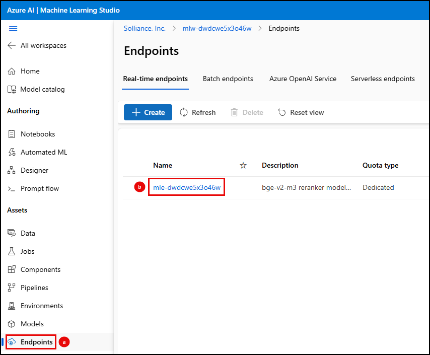Screenshot of the Endpoints page in Azure Machine Learning Studio, with the Endpoints menu item highlighted and the reranker model endpoint highlighted.