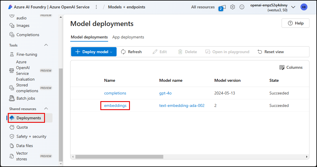 Screenshot of Azure AI Foundry, with the Deployments page selected and highlighted. The embeddings model deployment name is highlighted.