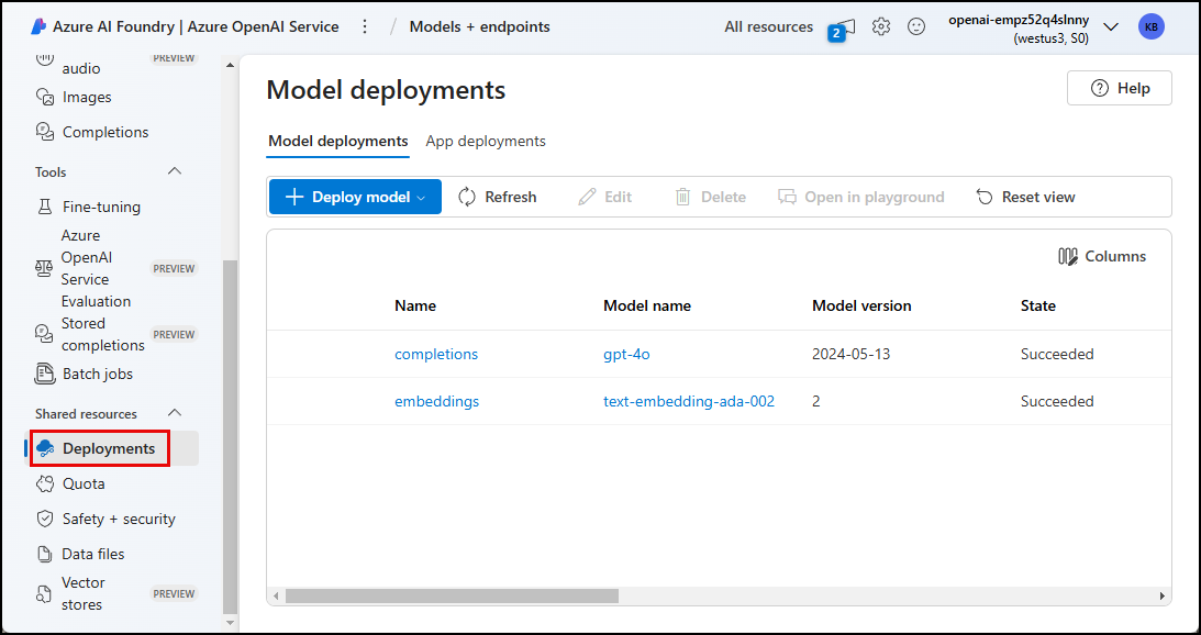 Screenshot of Azure AI Foundry, with the Deployments menu item highlighted and selected. The completions and embeddings model deployments are displayed.
