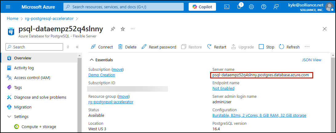Screenshot of the Azure Database for PostgreSQL - Flexible Server Overview blade in the Azure portal, with the Server name highlighted.