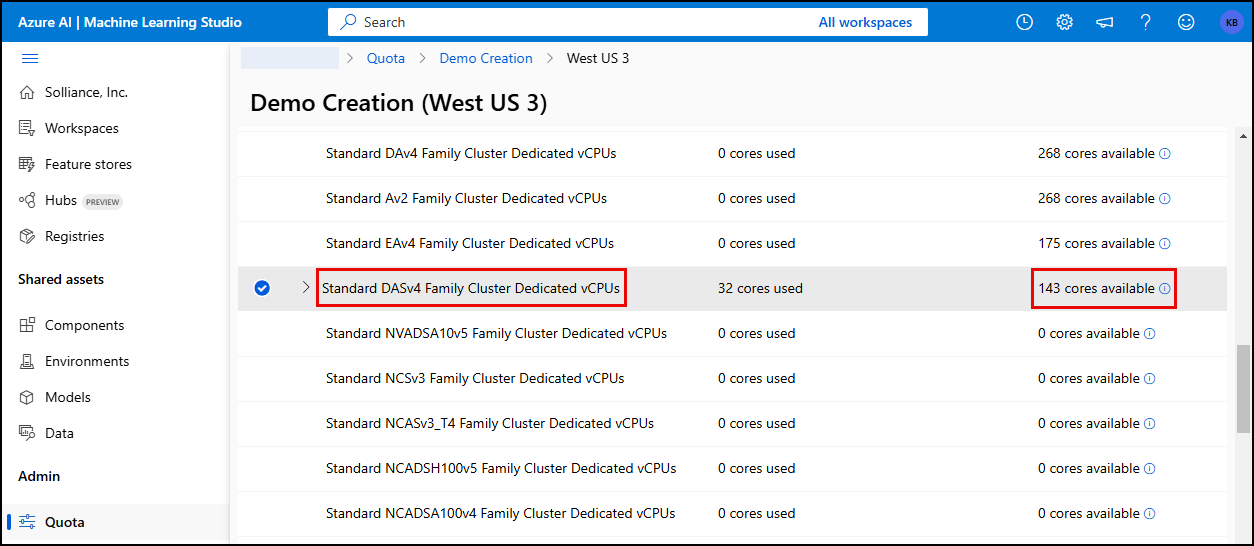 On the subscription quota page for the selected region, the Standard DASv4 Family Cluster Dedicated vCPUs items is highlighted and the available quota is highlighted.